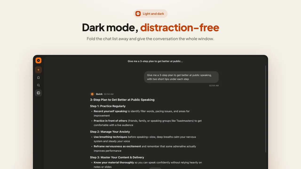 AI Chat in dark mode with the chat list folded away