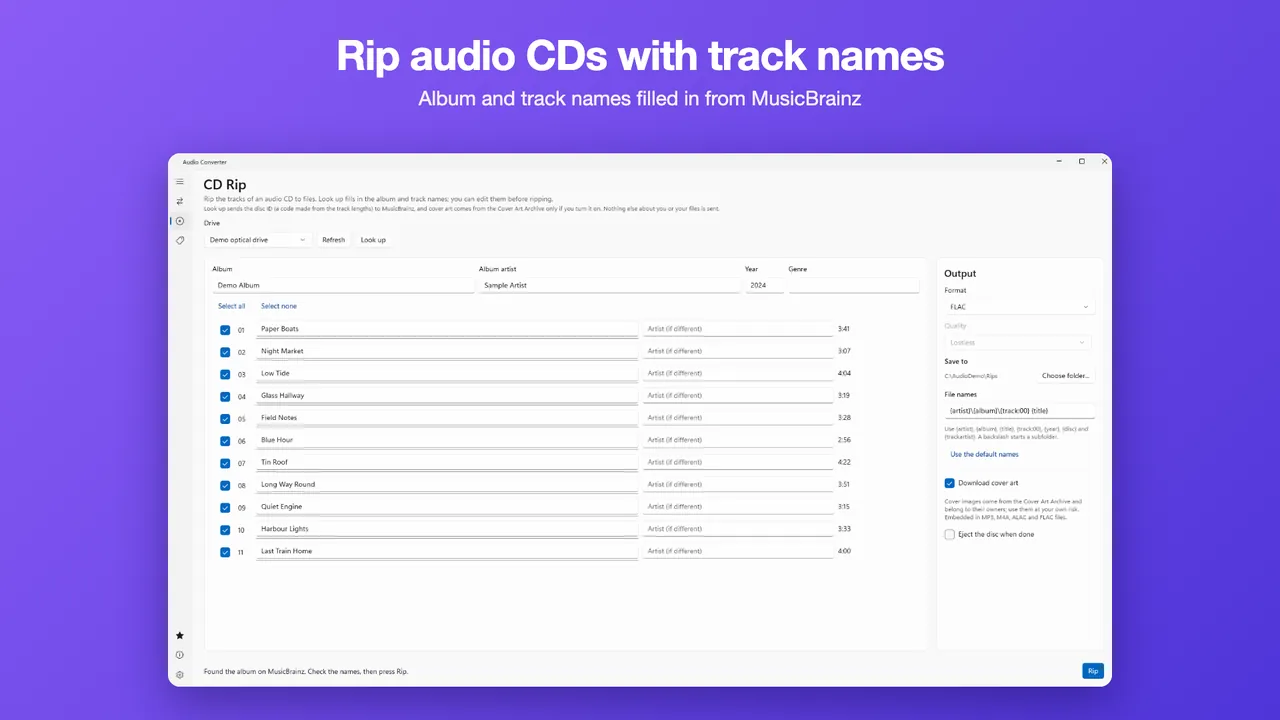 The Audio Converter CD Rip screen with a track list