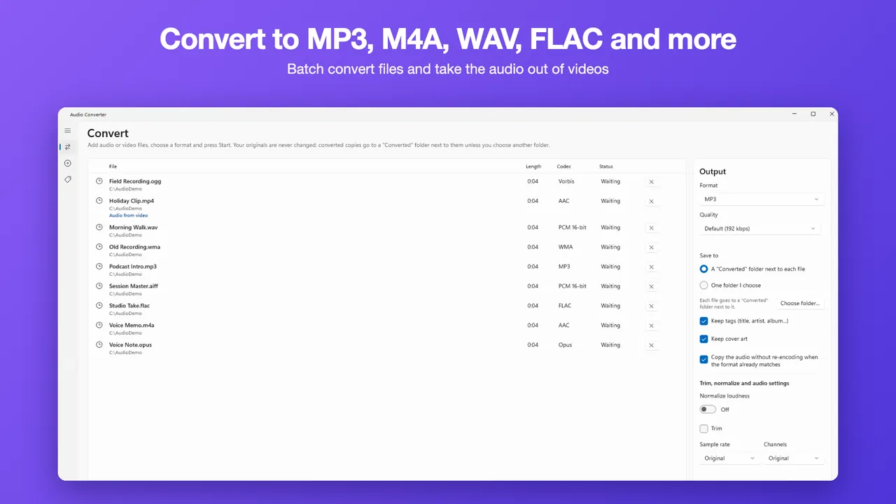 Audio Converter with a batch of files and output format and quality settings