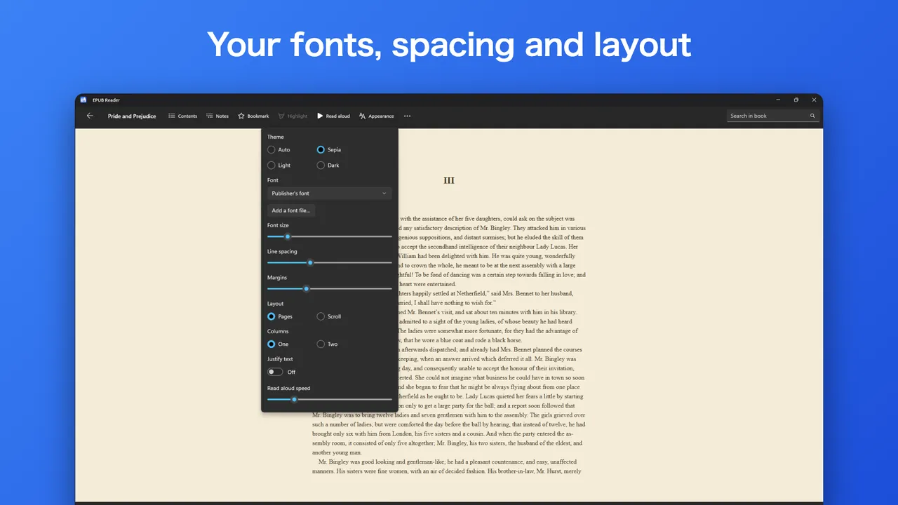 EPUB Reader with the appearance panel open over a page