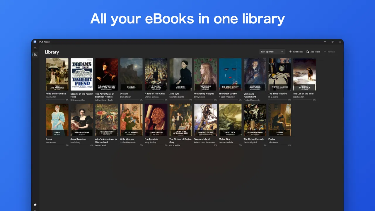 The EPUB Reader library showing a shelf of book covers