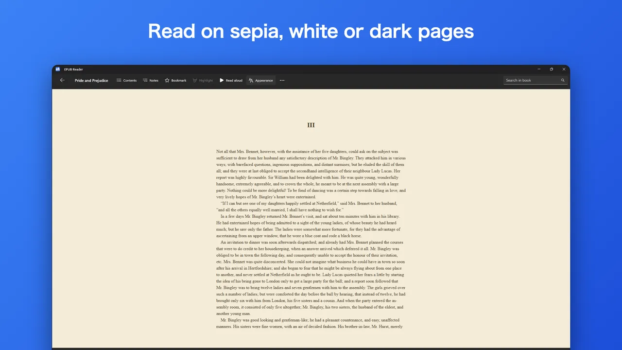 EPUB Reader showing a sepia page of a novel, on a blue background