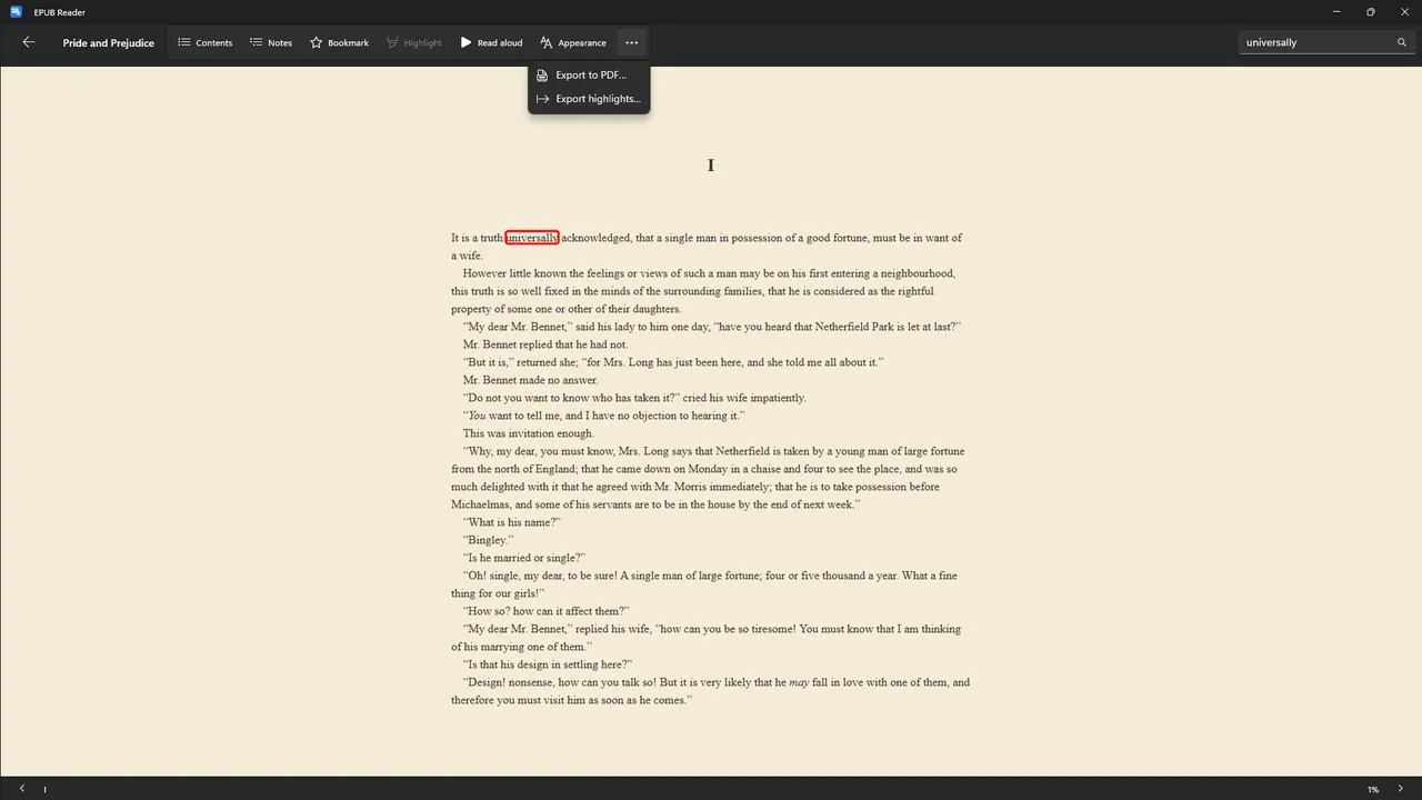EPUB Reader with a search term highlighted and the more menu open