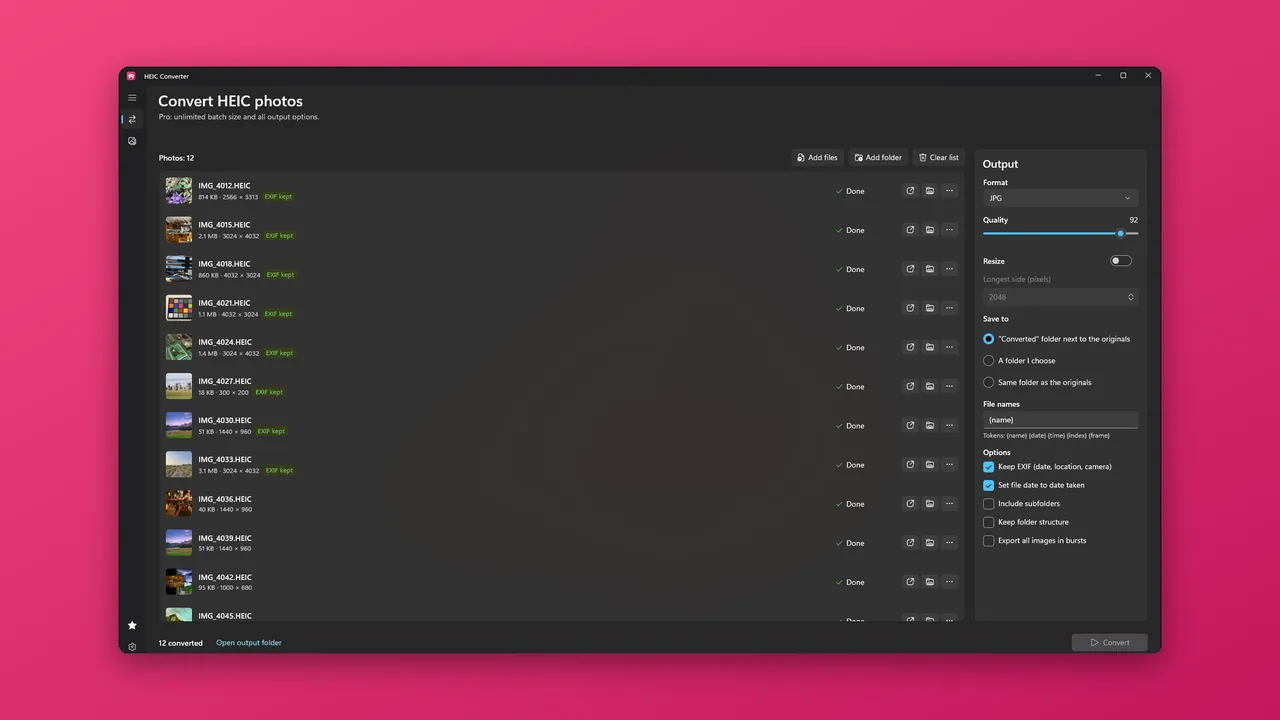 HEIC Converter window listing converted photos, on a pink background