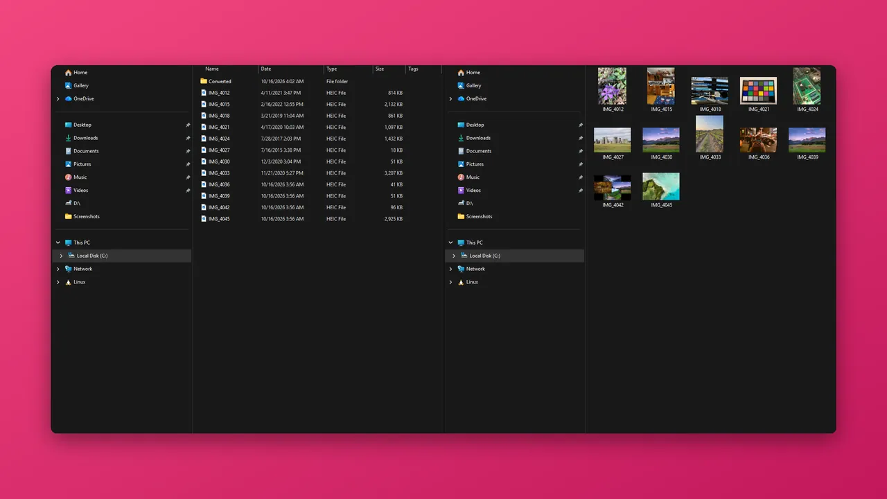Two File Explorer windows showing photo thumbnails next to a list of HEIC files