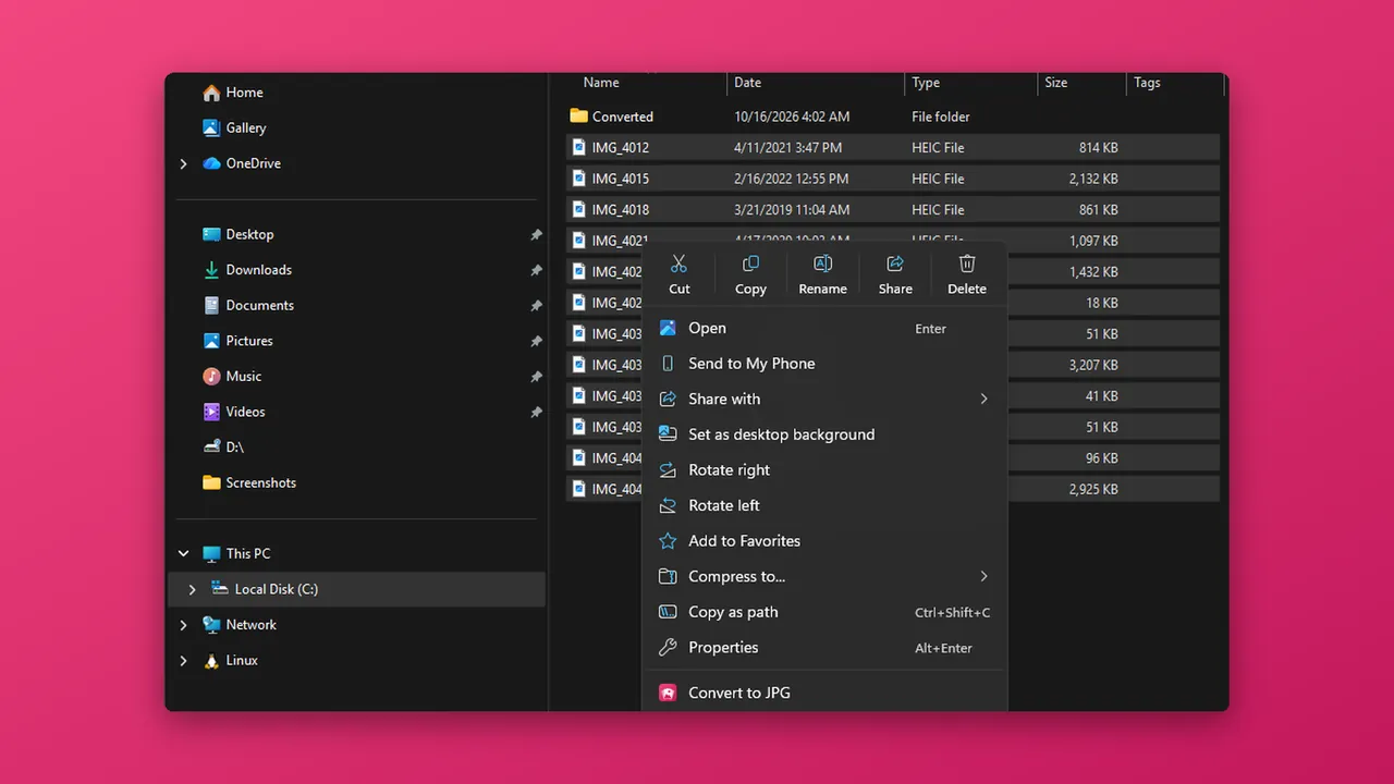 The File Explorer right-click menu with a Convert to JPG entry
