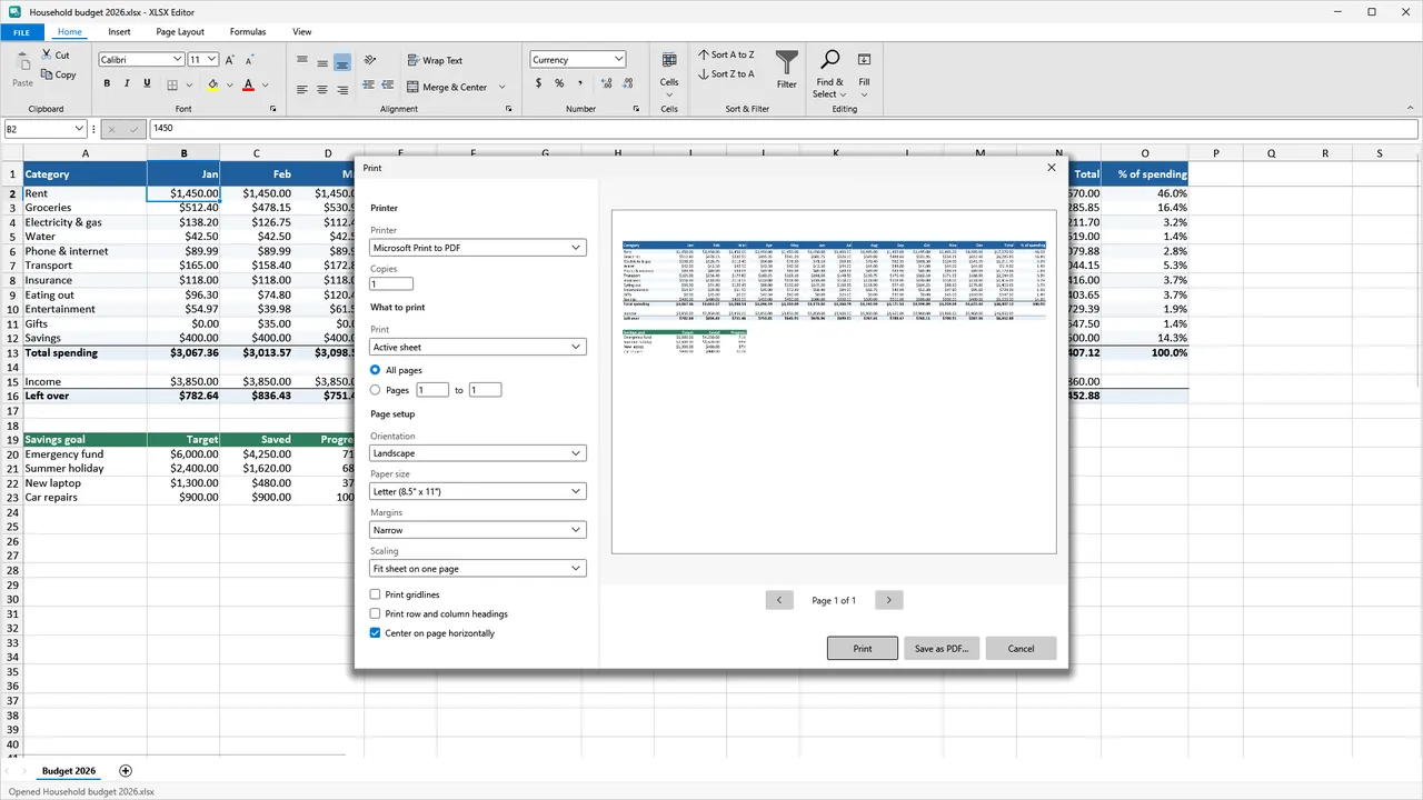 The XLSX Editor print preview dialog