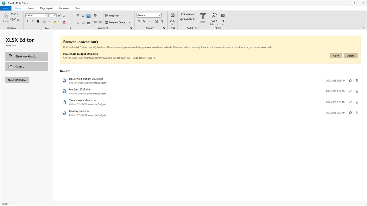 The XLSX Editor start page offering to recover unsaved work