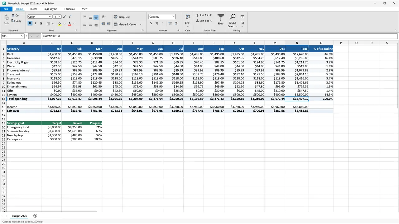 XLSX Editor showing a household budget spreadsheet